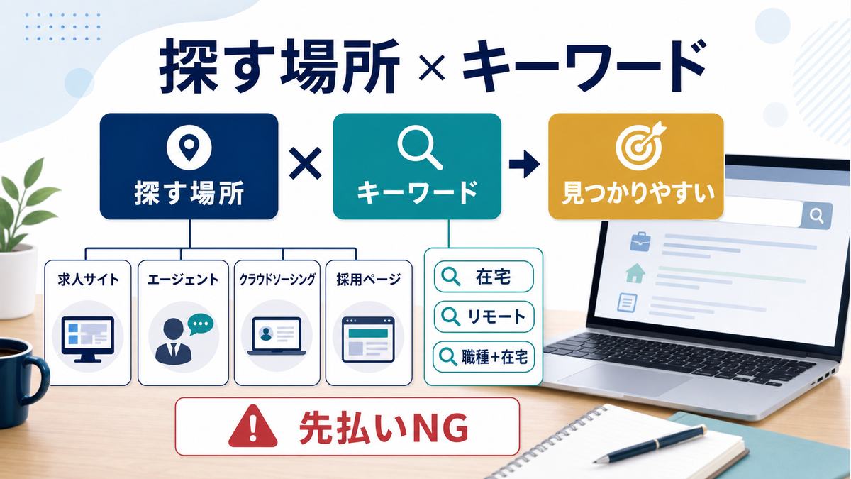 在宅求人探しで探す場所と検索キーワードを組み合わせ、先払い求人を避ける考え方を示す図解