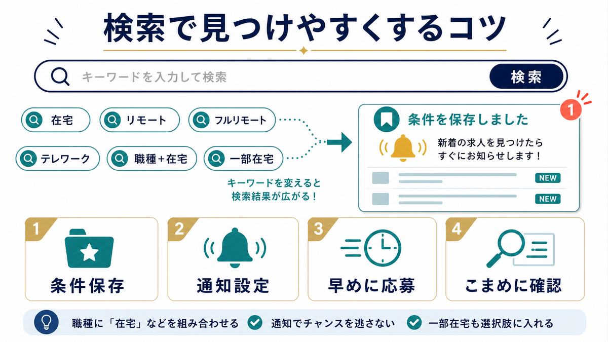 在宅、リモート、フルリモート、テレワーク、職種と在宅の組み合わせ、条件保存と通知設定を示す検索コツの図解