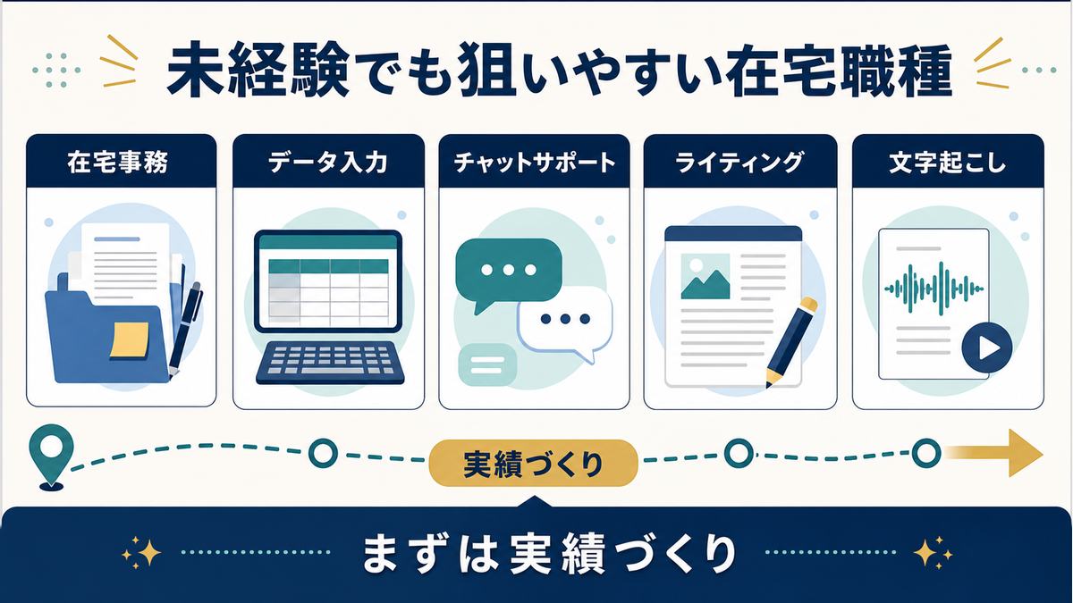 未経験でも検討しやすい在宅職種として在宅事務、データ入力、チャットサポート、ライティング、文字起こしを示す図解