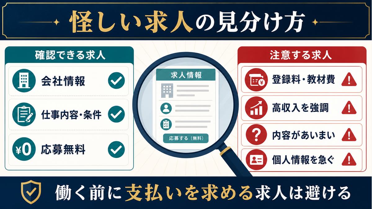 怪しい在宅求人の見分け方として会社情報、仕事内容、応募無料を確認し、登録料や教材費、高収入強調、個人情報要求を避ける図解