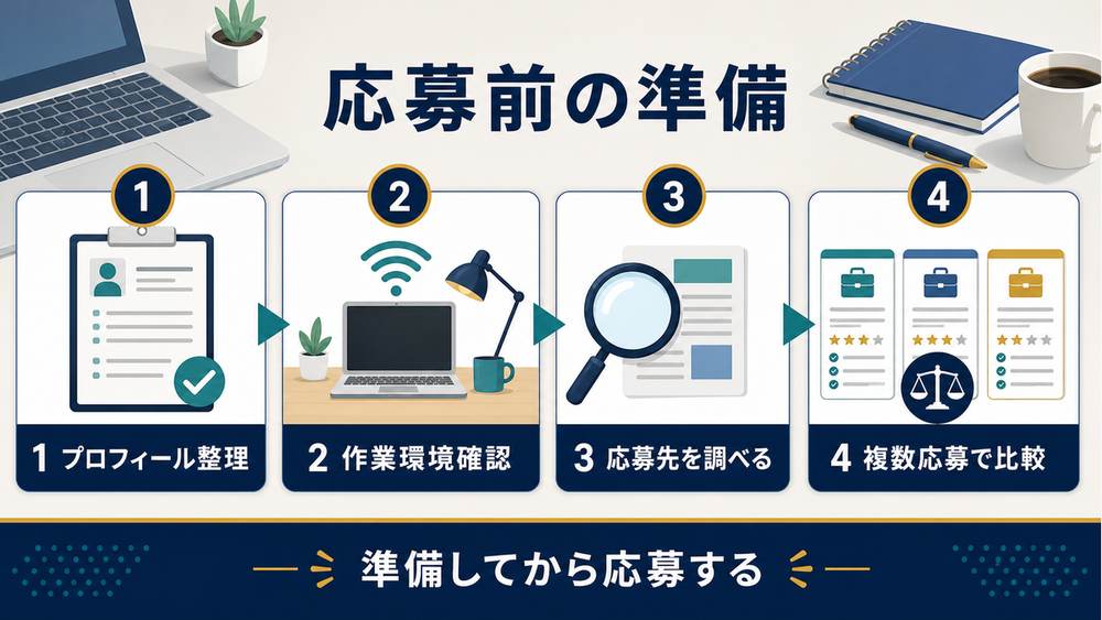 在宅求人へ応募する前にプロフィール整理、作業環境確認、応募先調査、複数応募で比較する流れを示す図解