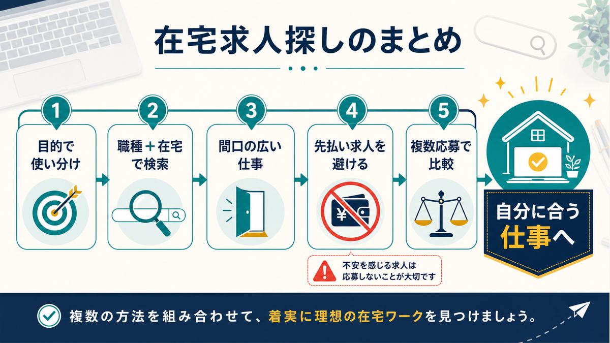 在宅求人探しのまとめとして目的別の使い分け、職種と在宅の検索、間口の広い仕事、先払い求人回避、複数応募比較を示す図解