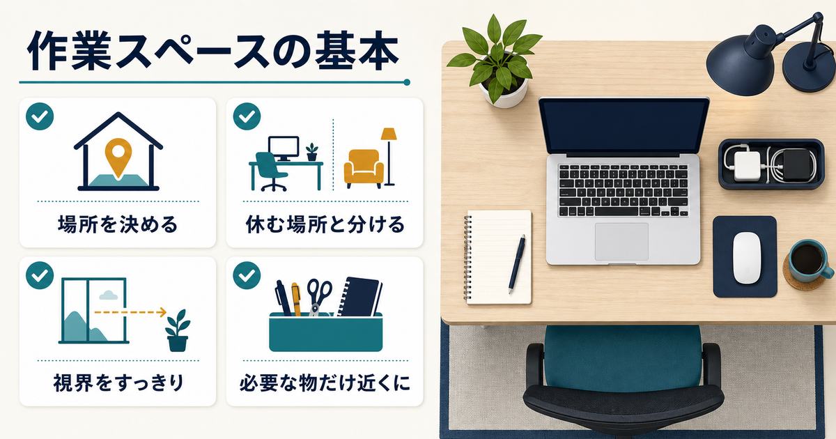 作業スペースづくりの基本として場所を決め、休む場所と分け、視界をすっきりさせ、必要な物だけ近くに置く図解
