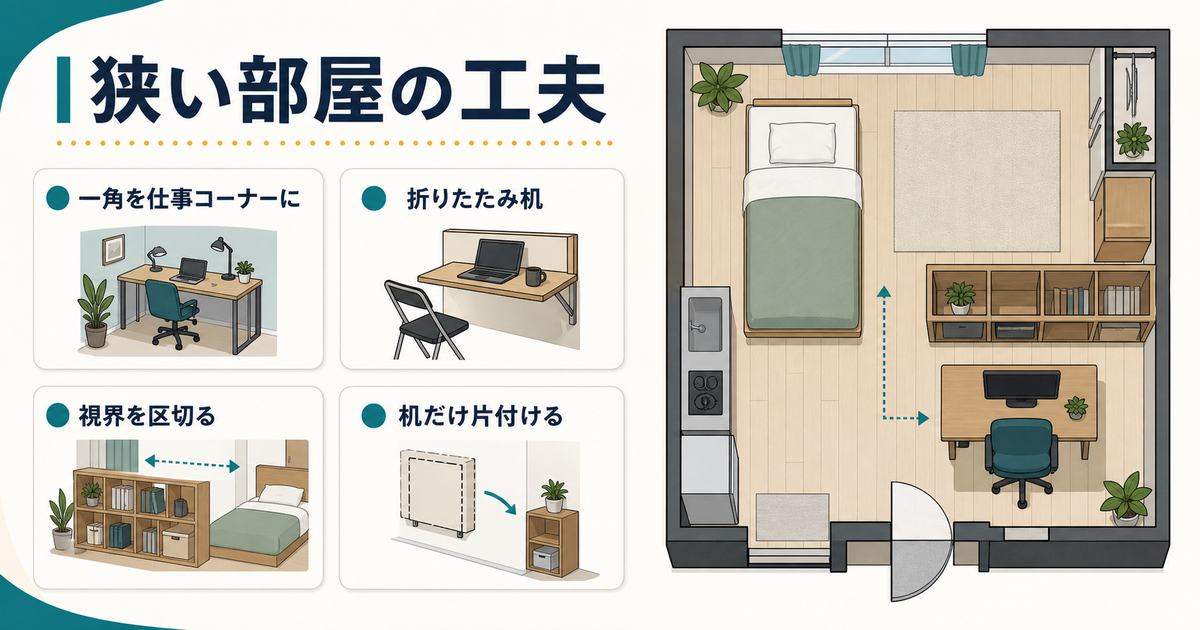 狭い部屋やワンルームで一角を仕事コーナーにし、折りたたみ机、視界の仕切り、机だけ片付ける工夫を示す図解