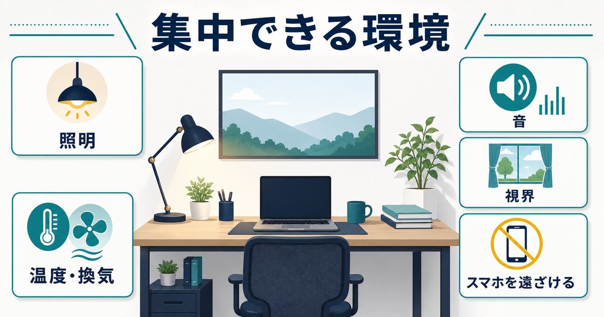 集中できる環境として照明、音、視界、温度と換気、スマホを遠ざける工夫を整理した図解