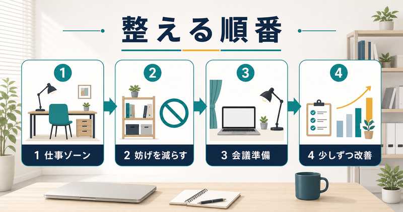 在宅ワーク部屋を整える順番として仕事ゾーン、妨げを減らす、会議準備、少しずつ改善する流れを示す図解