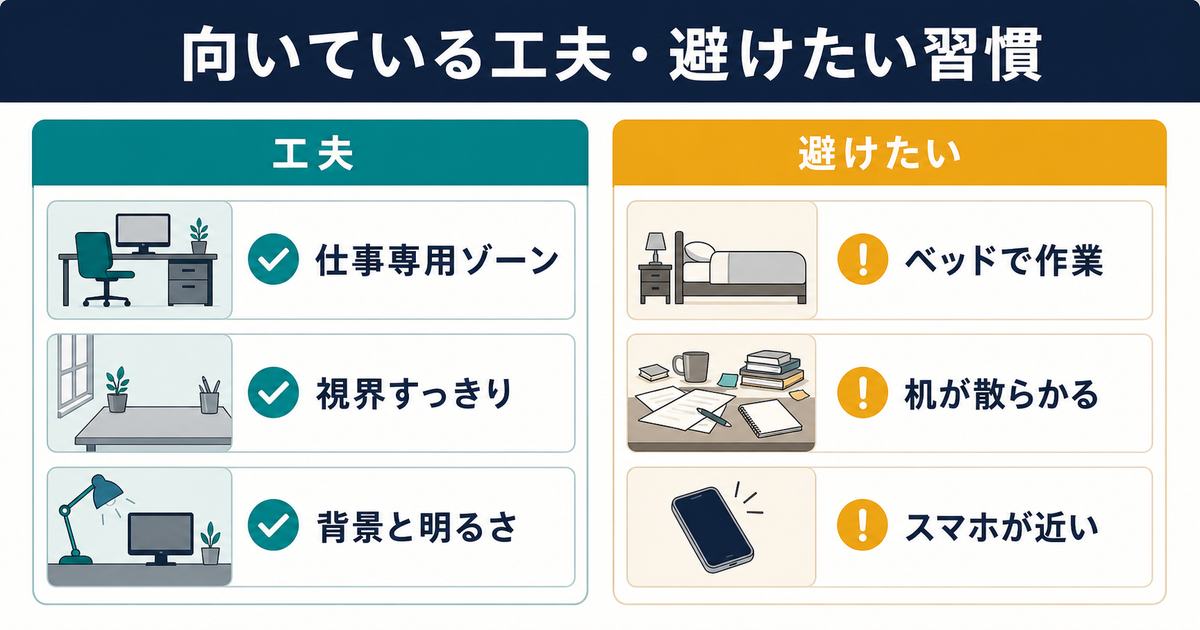 在宅ワークの部屋づくりで向いている工夫と、ベッド作業、散らかった机、近いスマホなど避けたい習慣を比較する図解