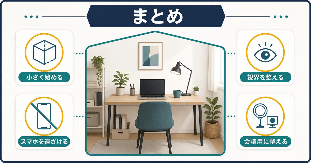 在宅ワーク部屋づくりのまとめとして小さく始め、視界を整え、スマホを遠ざけ、会議用に整える要点を示す図解
