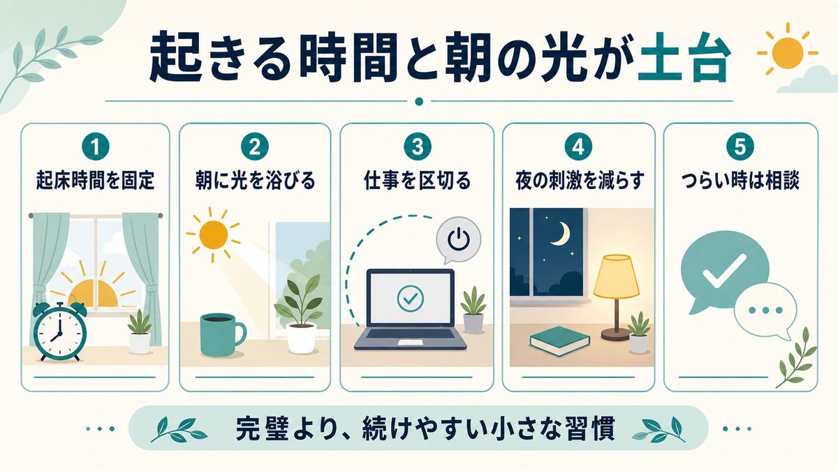 在宅ワークと睡眠の「起きる時間と朝の光が土台」として、起床時間を固定、朝の光、仕事の区切り、夜の刺激を減らす、つらい時は相談を示す図解