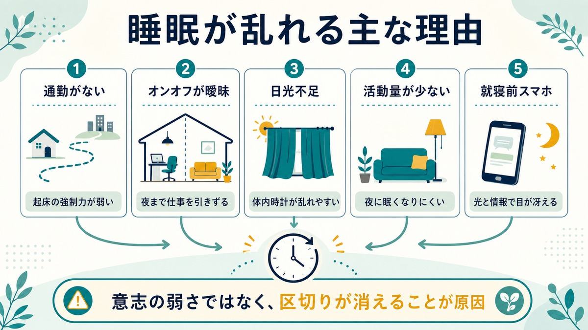 在宅ワークと睡眠の「睡眠が乱れる主な理由」として、通勤がない、オンオフが曖昧、日光不足、活動量不足、就寝前スマホが睡眠リズムに影響する理由を示す図解