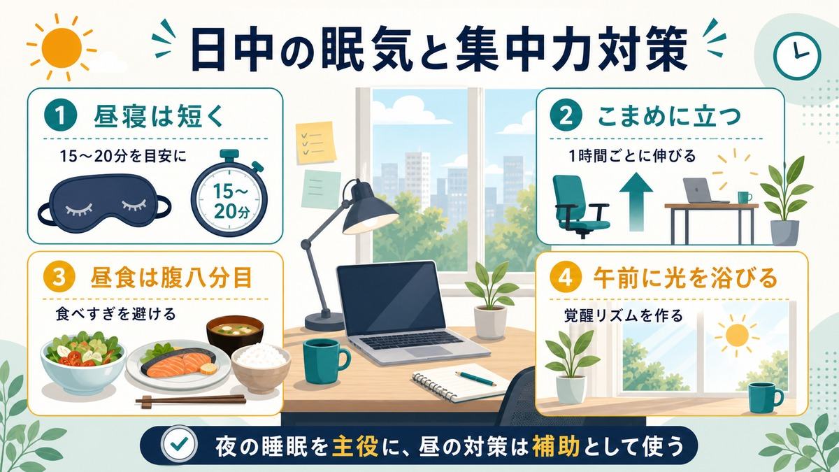 在宅ワークと睡眠の「日中の眠気と集中力対策」として、短い昼寝、こまめに立つ、昼食は腹八分目、午前に光を浴びる対策を示す図解