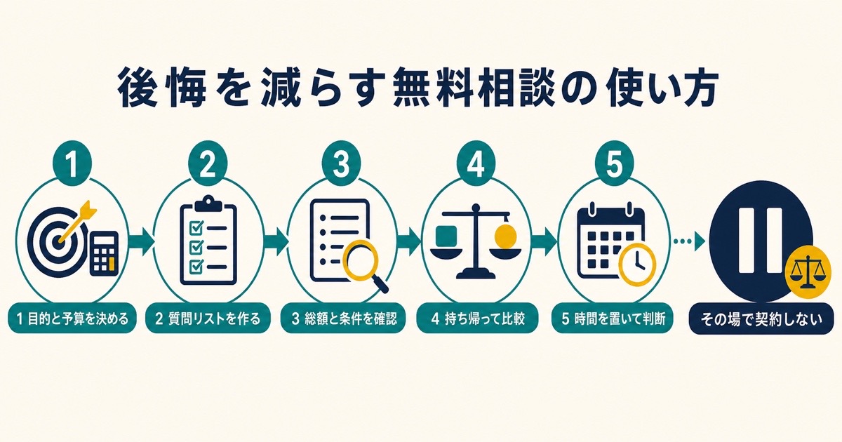 目的と予算から質問作成と条件確認と持ち帰り比較と時間を置いた判断へ進む無料相談の5段階図解