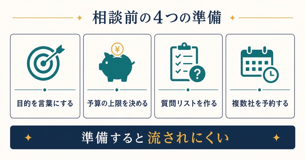 目的と予算上限と質問リストと複数社予約を示す無料相談前の4つの準備の図解
