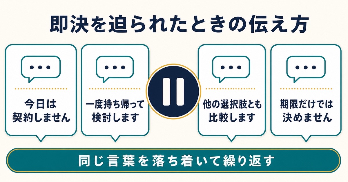 今日は契約しないことと持ち帰り検討と他社比較と期限だけで決めないことを伝える断り方の図解