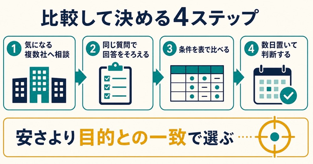 複数社に同じ質問をして条件を表で比べ数日置いて目的との一致で選ぶ4ステップの図解
