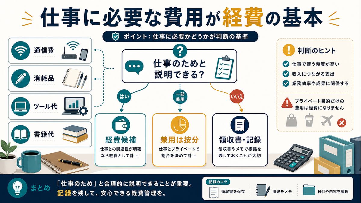 副業の経費の基本として仕事に必要な費用、兼用は按分、領収書と記録を示す図解