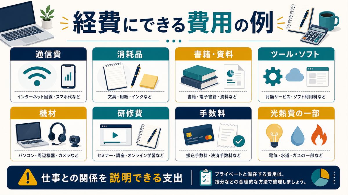 副業で経費候補になりやすい通信費、消耗品、書籍資料、ツールソフト、機材、研修費、手数料、光熱費の一部を示す図解