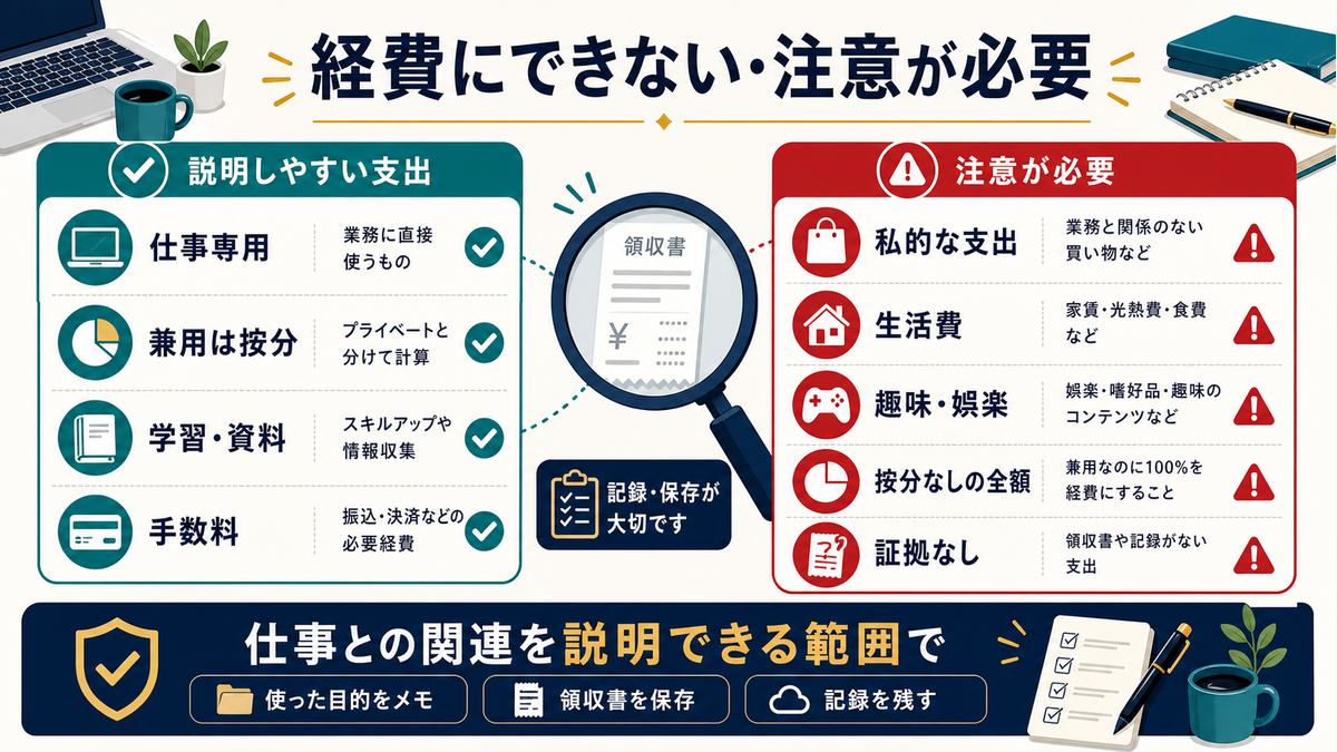 経費にできないものと注意点として私的支出、生活費、趣味娯楽、按分なしの全額計上、証拠なしを示す図解