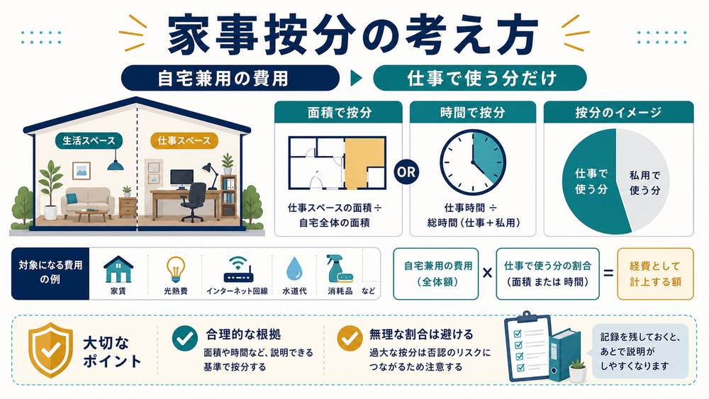 自宅兼用の費用を家事按分する考え方として仕事で使う分だけ、面積、時間、合理的な根拠を示す図解