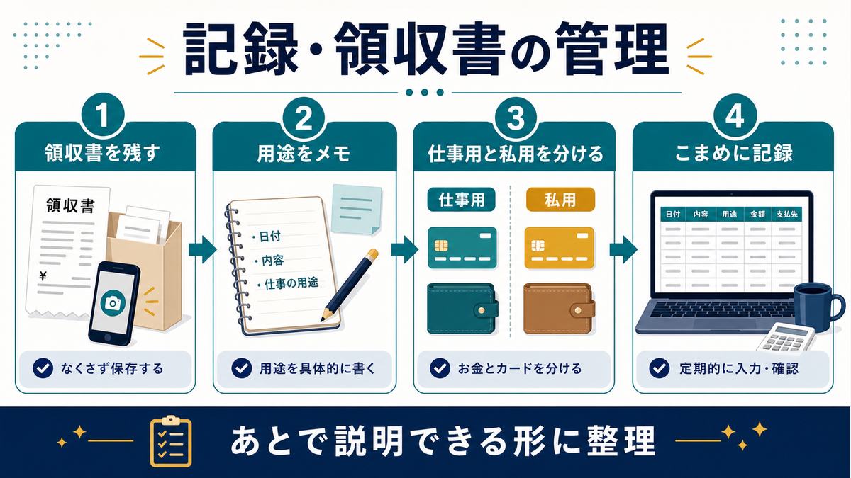 副業経費の記録と領収書管理として領収書を残す、用途をメモ、仕事用と私用を分ける、こまめに記録する流れを示す図解