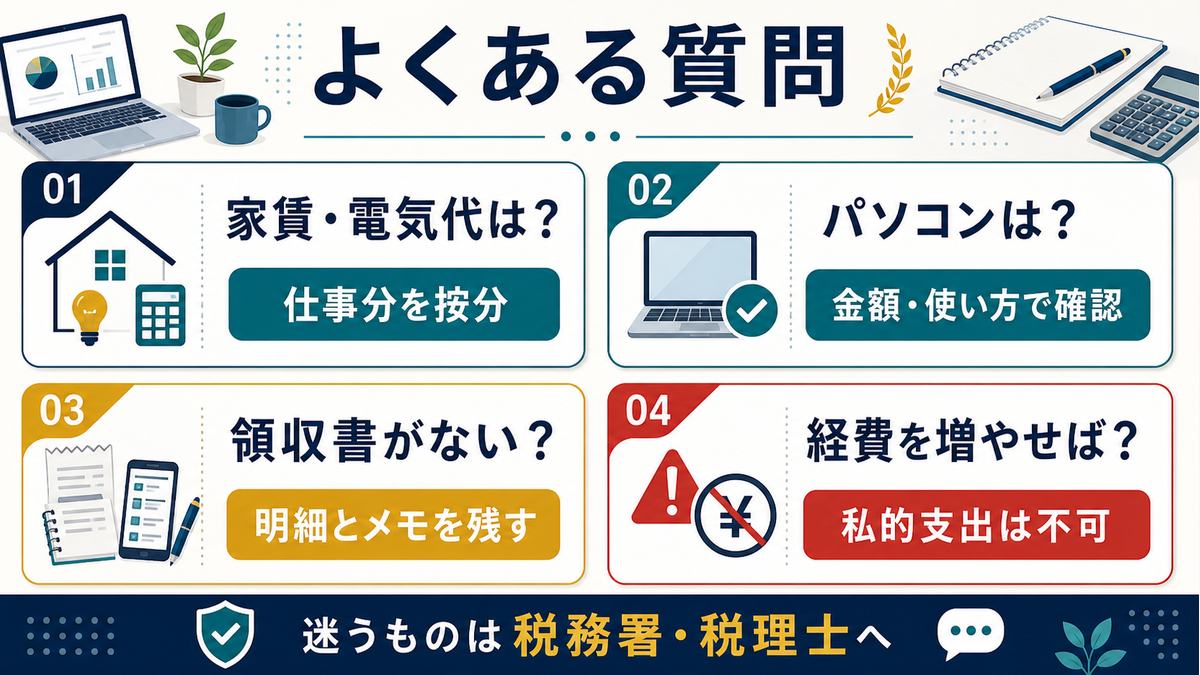 副業経費のよくある質問として家賃電気代の按分、パソコンの扱い、領収書がない場合、私的支出不可をまとめたFAQ図解