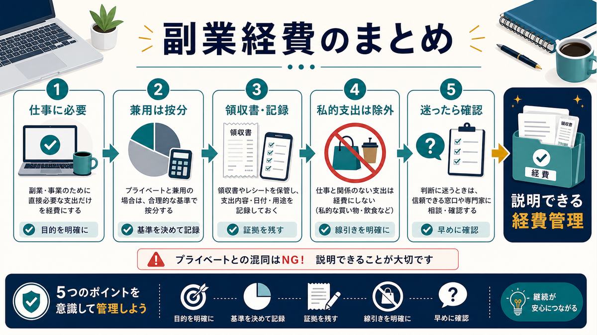 副業経費のまとめとして仕事に必要、兼用は按分、領収書と記録、私的支出は除外、迷ったら確認を示す図解