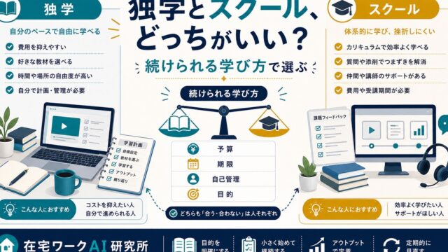 独学とスクールの選び方と続けられる学び方を示すアイキャッチ画像
