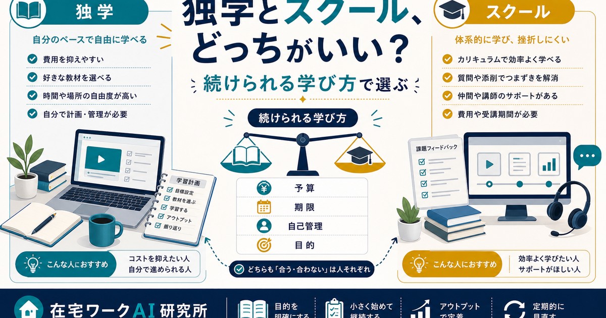 独学とスクールの選び方と続けられる学び方を示すアイキャッチ画像