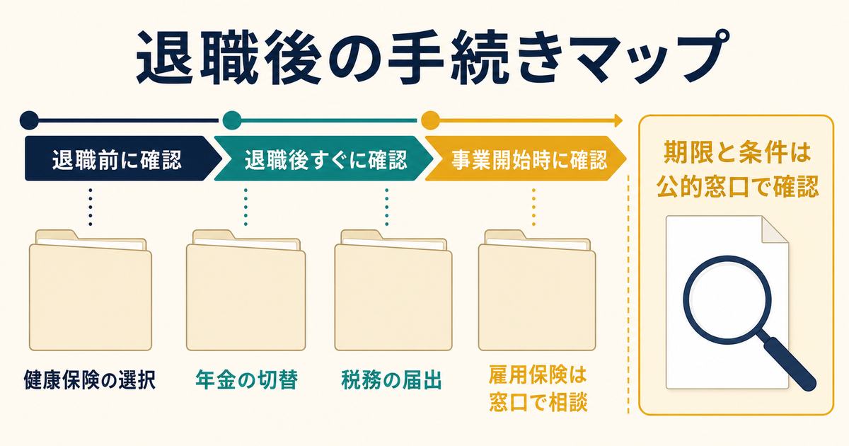 退職前後の健康保険と年金と税務と雇用保険の確認順序を示す手続き図解