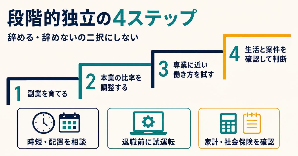副業から本業比率調整と試運転を経て独立判断へ進む4段階図解