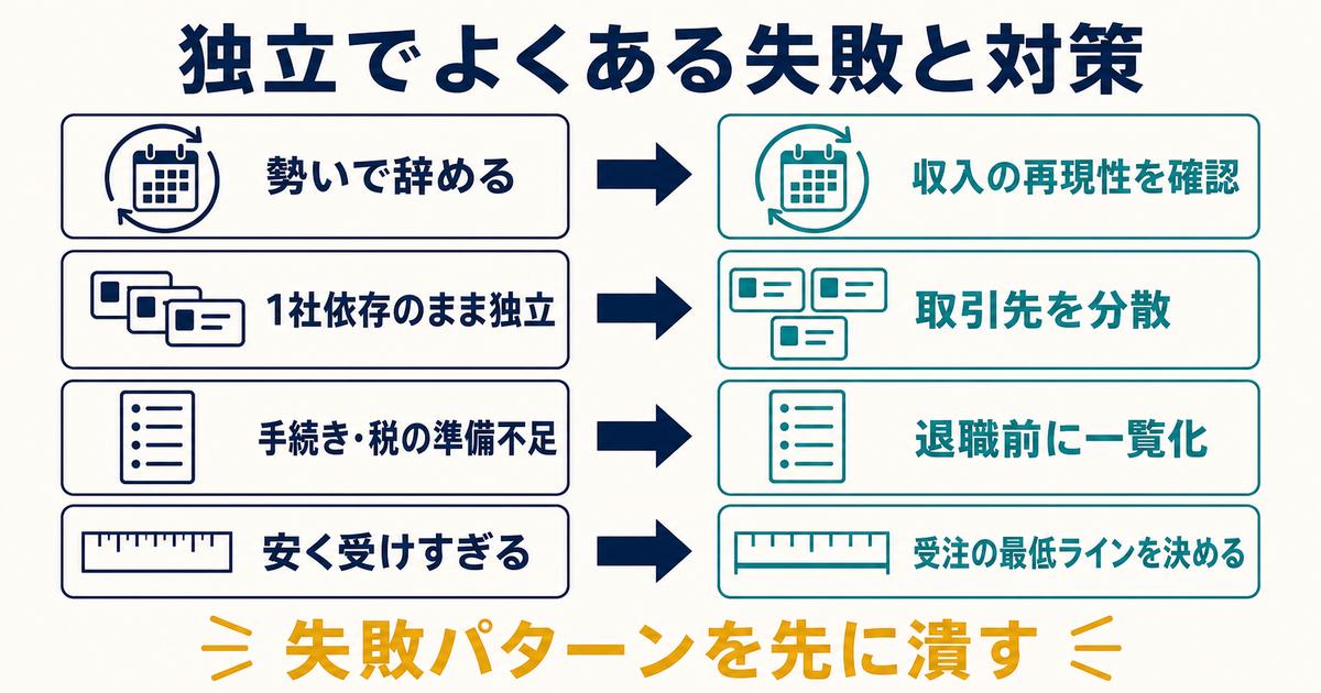 勢い退職と1社依存と手続き不足と安値受注への対策を対応させた図解