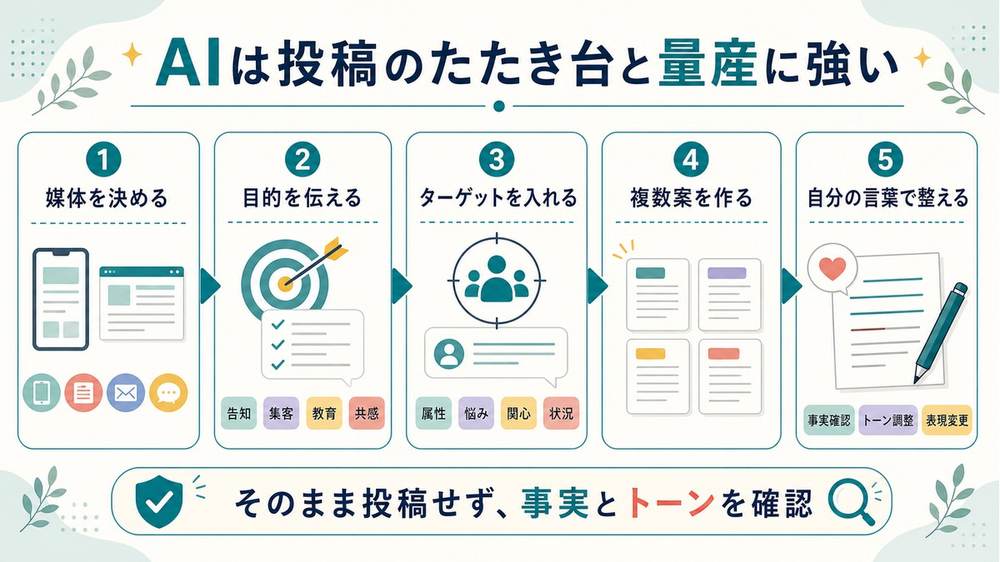 AIでSNS投稿文を作る方法の結論として、媒体、目的、ターゲット、複数案、自分の言葉で整える流れを示す図解