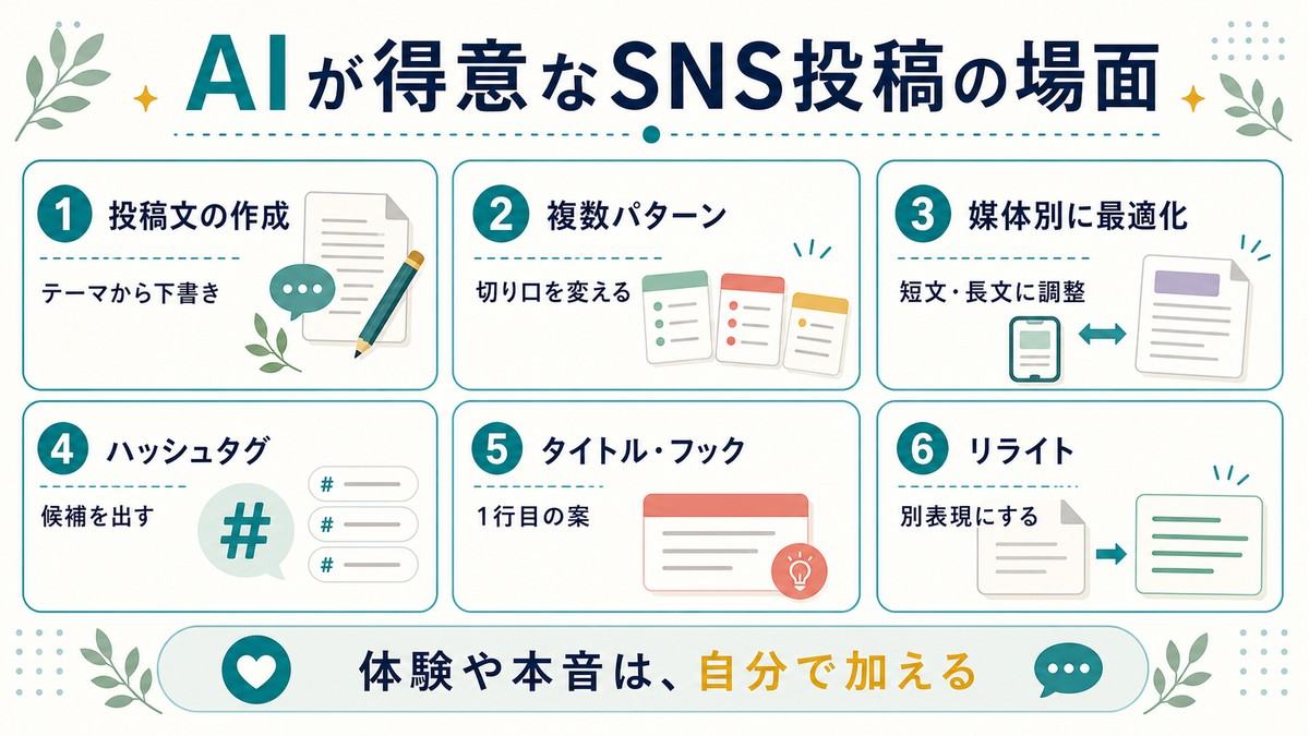 AIが得意なSNS投稿の場面として、投稿文作成、複数パターン、媒体別最適化、ハッシュタグ、タイトルやフック、リライトを示す図解