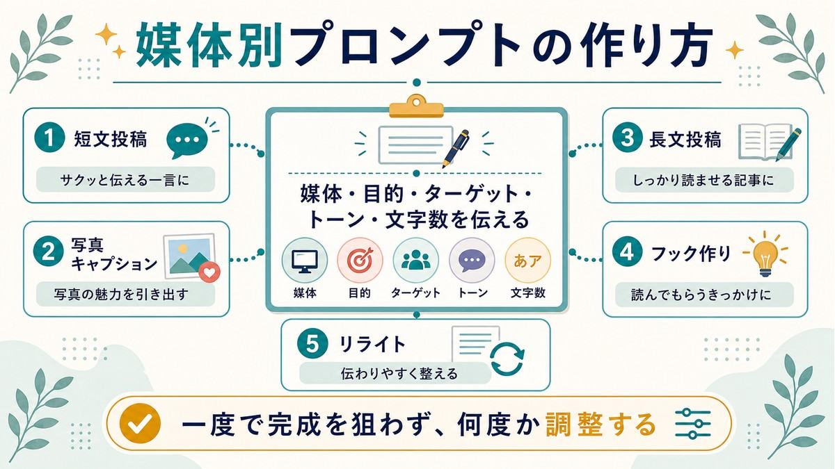 媒体別プロンプトの作り方として、媒体、目的、ターゲット、トーン、文字数を伝え、短文投稿や写真キャプションなどを調整する図解