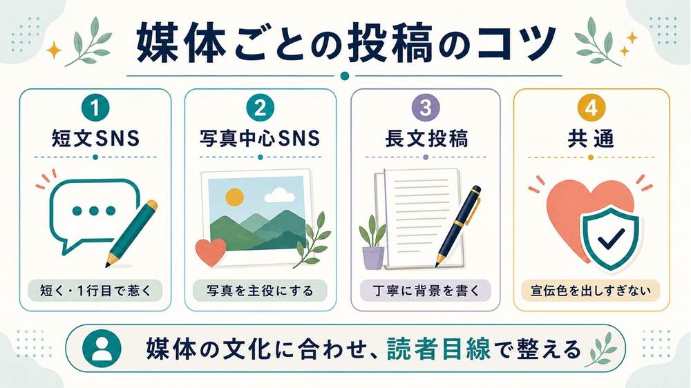 媒体ごとのSNS投稿のコツとして、短文SNS、写真中心SNS、長文投稿、共通の読者目線を示す図解