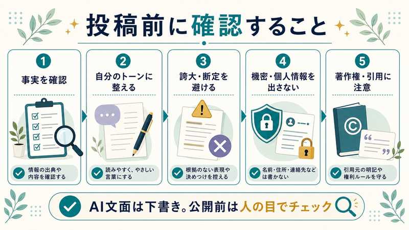 SNS投稿前の注意として、事実確認、自分のトーン、誇大表現の回避、機密情報、著作権や引用を確認する図解