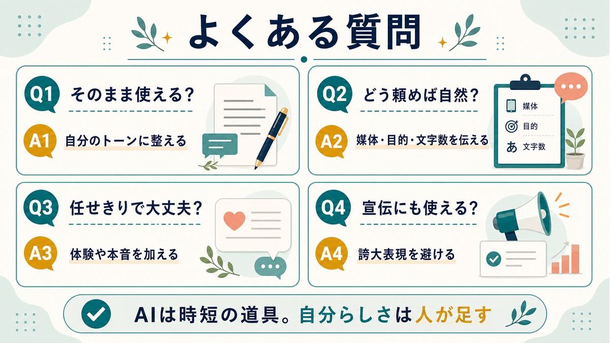 AIでSNS投稿文を作る時のよくある質問として、そのまま使えるか、自然な頼み方、任せきりで大丈夫か、宣伝に使えるかをまとめたFAQ図解