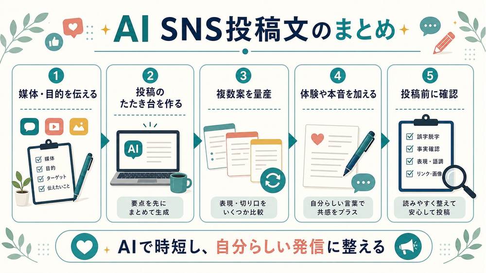 AI SNS投稿文のまとめとして、媒体と目的を伝える、下書きを作る、複数案を量産、体験や本音を加える、投稿前に確認する流れを示す図解