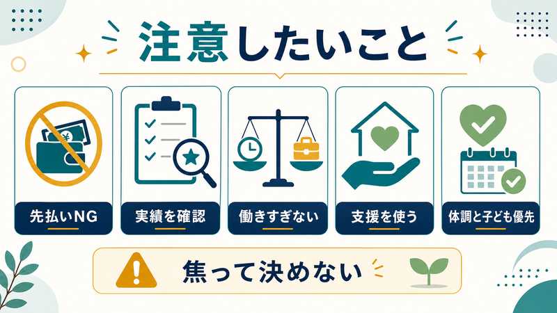 ひとり親の在宅ワークで注意したいこととして、先払いNG、実績を確認、働きすぎない、支援を使う、体調と子ども優先を示す図解