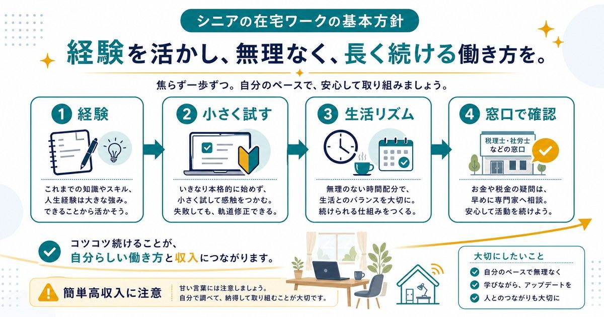 シニア在宅ワークの基本方針として経験を活かし小さく試し生活リズムと窓口確認を大切にする図解