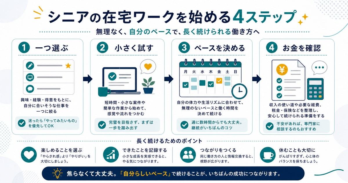 シニア在宅ワークの始め方として一つ選ぶ、小さく試す、ペースを決める、お金を確認する4ステップの図解