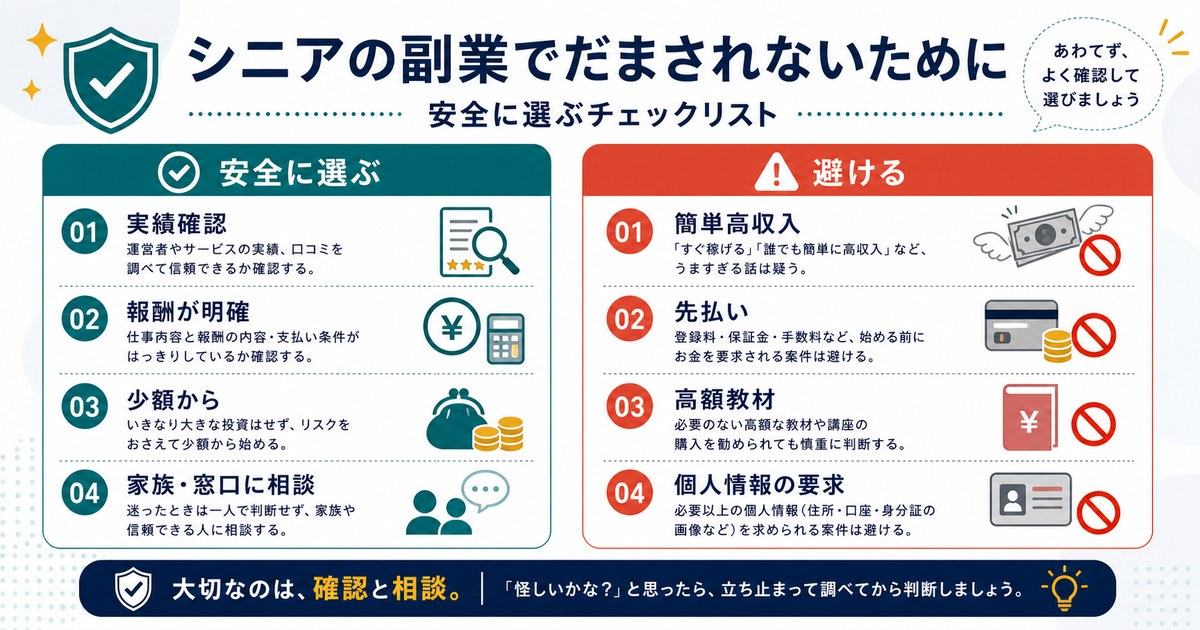 シニアの副業詐欺対策として実績確認、報酬明確、少額から、相談と、簡単高収入や先払いを避けることを示す図解