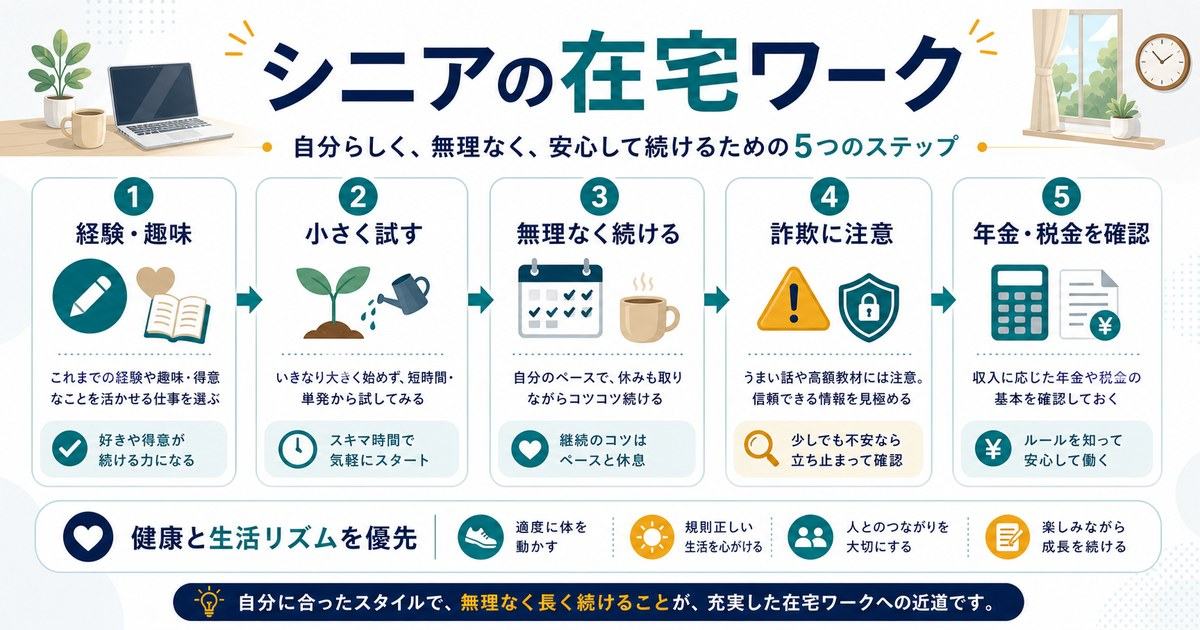 シニア在宅ワークのまとめとして経験趣味、小さく試す、無理なく続ける、詐欺注意、年金税金確認を示す図解