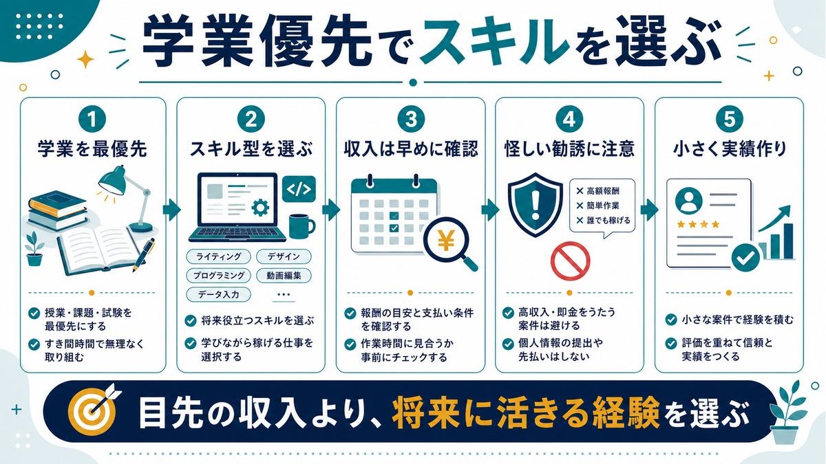 学生のAI副業は学業優先で、スキル型、収入確認、怪しい勧誘への注意、小さな実績作りを示す図解