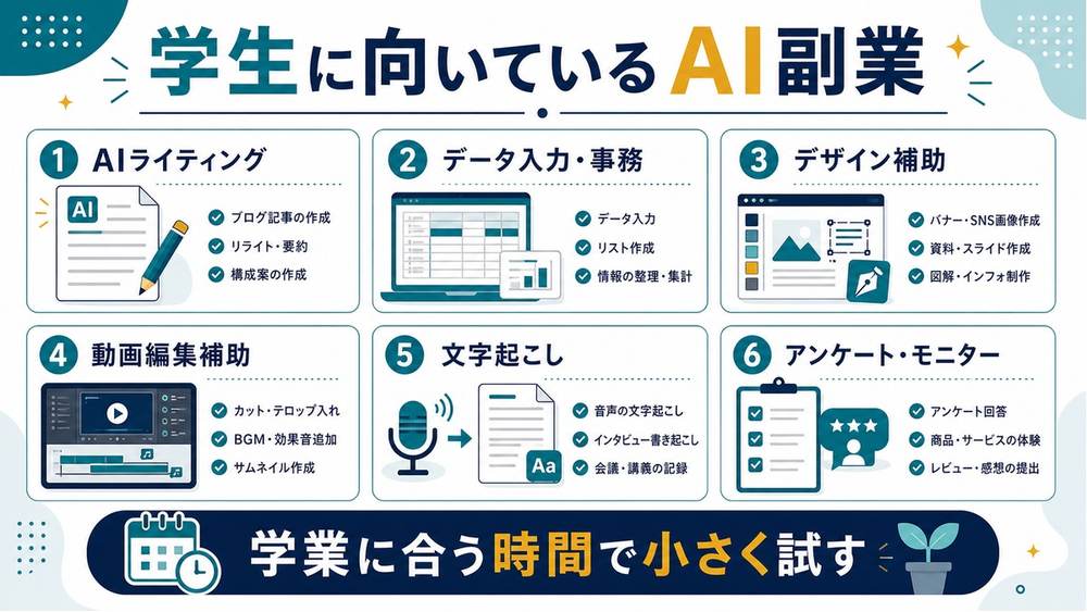 学生に向いているAI副業として、AIライティング、データ入力、デザイン補助、動画編集補助、文字起こし、アンケートを示す図解