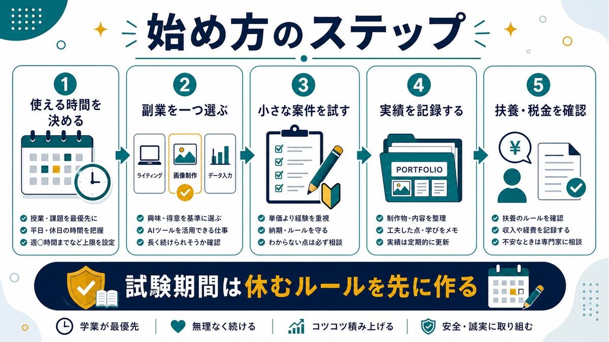 学生がAI副業を始めるステップとして、時間を決める、副業を選ぶ、小さな案件、実績記録、扶養と税金確認を示す図解