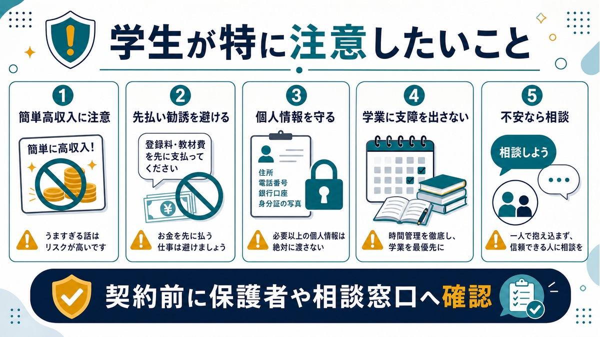 学生がAI副業で注意したい、簡単高収入、先払い勧誘、個人情報、学業への支障、不安時の相談を示す図解