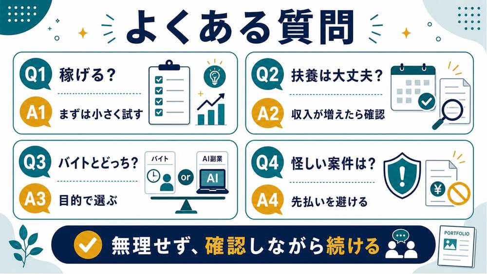 学生のAI副業のFAQとして、稼げるか、扶養、バイトとの違い、怪しい案件への注意をまとめた図解