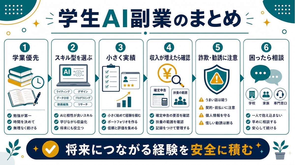 学生AI副業のまとめとして、学業優先、スキル型、小さく実績、収入確認、詐欺勧誘注意、相談を示す図解