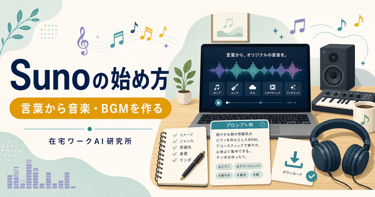 Sunoの始め方とAIで音楽・BGMを作る手順を示すアイキャッチ画像